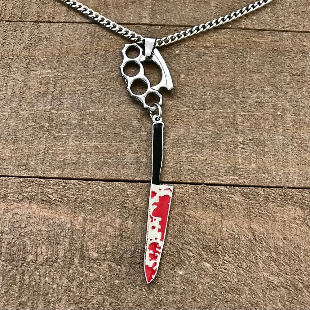 🆕3D Brass Knuckles & Bloody Knife Pendant N… Stainless Steel